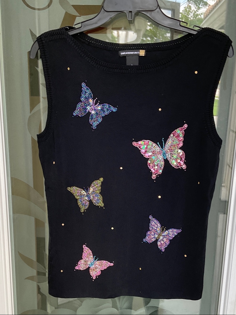 Sweaterworks Black Sleeveless Top with Multicolored Sequin Butterflies